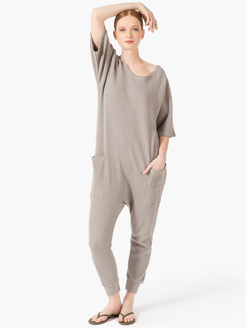 Tkees gray taupe Waffle knit Jumpsuit - Casual Pocket Jumpsuit